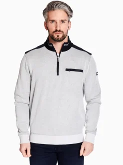 Bugatti Ribbed Quarter Zip Sweat - Light Grey