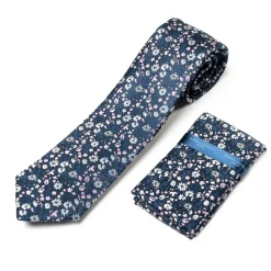 Marco Capelli Floral 7cm Tie With Pocket Square - Navy